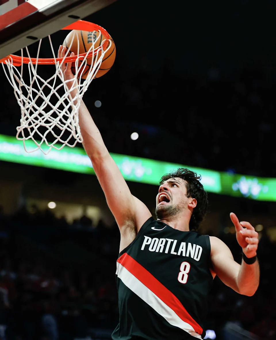 Portland Trail Blazers forward Deni Avdija (8) lays the ball in during the third quarter of Game 4 of a first-round NBA playoff series against the Portland Trail Blazers at Moda Center on Sunday, April 26, 2026. (Sam Owens/San Antonio Express-News)