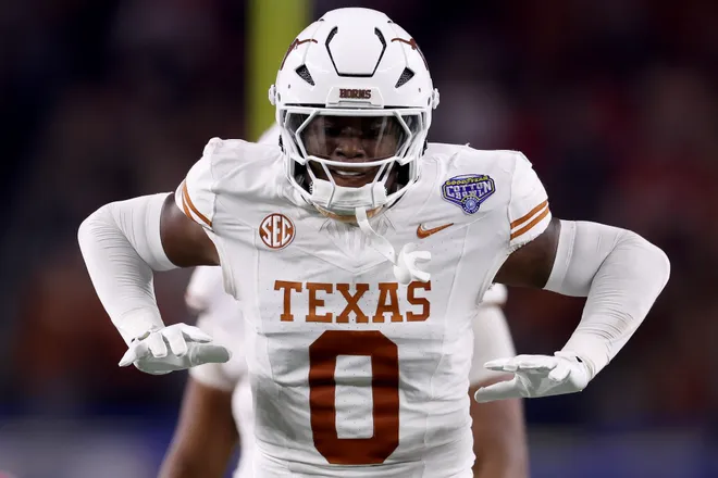 ARLINGTON, TEXAS - JANUARY 10: Anthony Hill Jr. #0 of the Texas Longhorns celebrates in the second quarter against the Ohio State Buckeyes during the Goodyear Cotton Bowl at AT&T Stadium on January 10, 2025 in Arlington, Texas. (Photo by Sam Hodde/Getty Images)