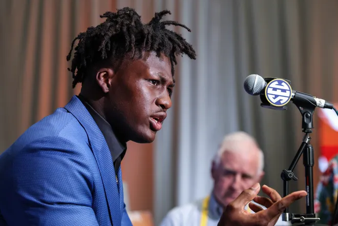 Jul 15, 2025; Atlanta, GA, USA; Texas Longhorns linebacker Anthony Hill Jr. answers questions from the media during SEC Media Days at Omni Atlanta Hotel. Mandatory Credit: Jordan Godfree-Imagn Images