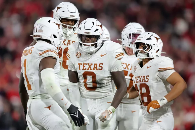 ATHENS, GEORGIA - NOVEMBER 15: Anthony Hill Jr. #0 of the Texas Longhorns celebrates an interception during the second half against the Georgia Bulldogs at Sanford Stadium on November 15, 2025 in Athens, Georgia. (Photo by Jonathan Bachman/Getty Images)