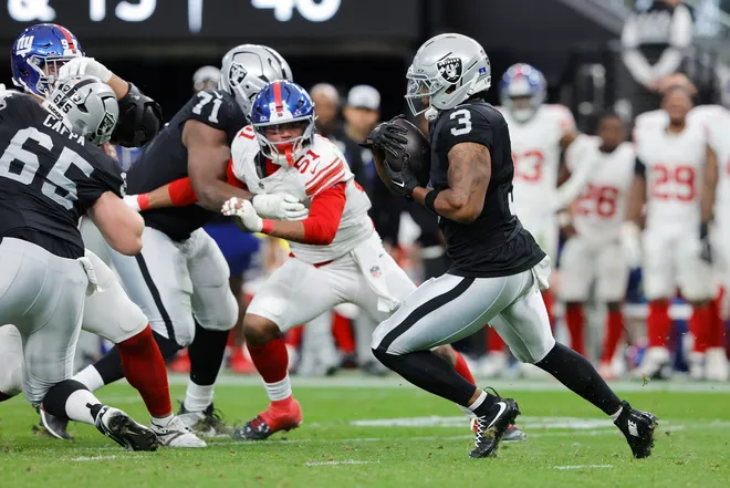LAS VEGAS, NEVADA - DECEMBER 28: Zamir White #3 of the Las Vegas Raiders rushes for yards during the third quarter of the game against the New York Giants at Allegiant Stadium on December 28, 2025 in Las Vegas, Nevada. (Photo by Steve Marcus/Getty Images)