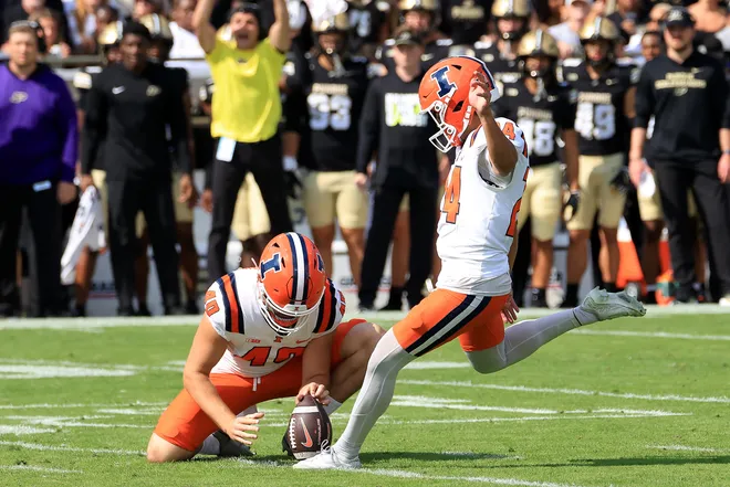 WEST LAFAYETTE, INDIANA - OCTOBER 04: David Olano #24 of the Illinois Fighting Illini kicks a field goal during the second quarter against the Purdue Boilermakers at Ross-Ade Stadium on October 04, 2025 in West Lafayette, Indiana. (Photo by Justin Casterline/Getty Images)