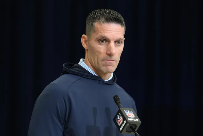Feb 24, 2026; Indianapolis, IN, USA; Houston Texans general manager Nick Caserio speaks at the NFL Scouting Combine at the Indiana Convention Center. Mandatory Credit: Kirby Lee-Imagn Images
