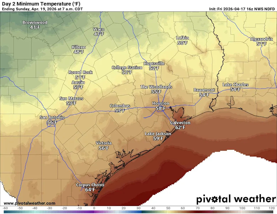 Sunday morning will bring the coolest temperatures of the weekend, with lows dipping into the 40s in the Hill Country. (Pivotal)