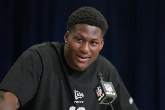 Feb 25, 2026; Indianapolis, IN, USA; Texas linebacker Anthony Hill (LB12) speaks during the NFL Scouting Combine at the Indiana Convention Center. Mandatory Credit: Kirby Lee-Imagn Images