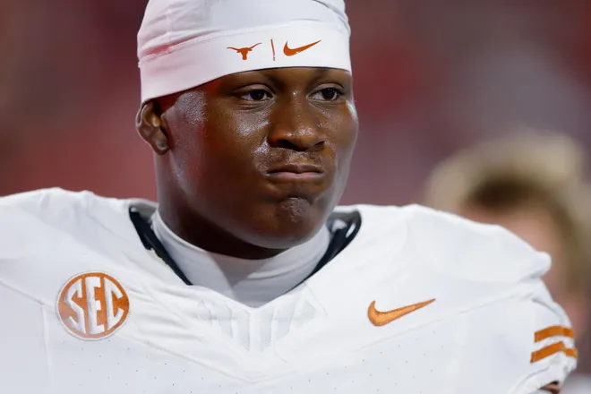 ATHENS, GEORGIA - NOVEMBER 15: Anthony Hill Jr. #0 of the Texas Longhorns looks on during warmups before the game against the Georgia Bulldogs at Sanford Stadium on November 15, 2025 in Athens, Georgia. (Photo by Todd Kirkland/Getty Images)