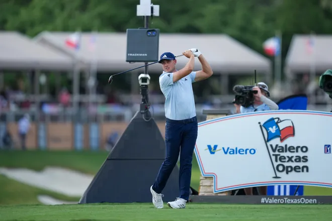 Ludvig Aberg watches his shot off the 11th tee during the first round of the 2026 Valero Texas Open.