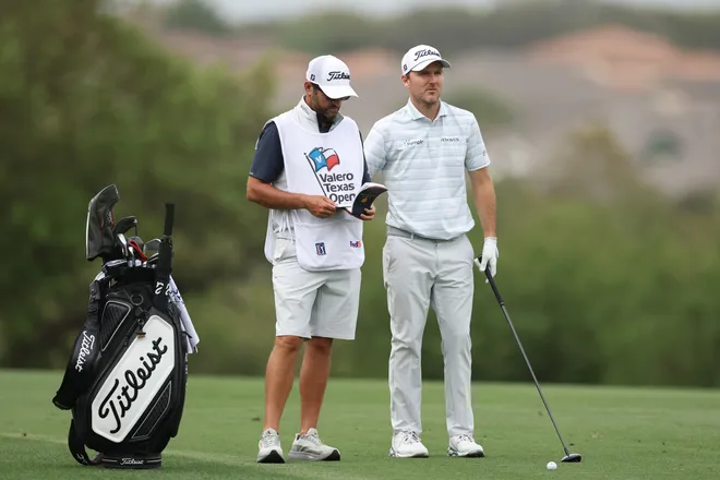 Russell Henley lines up a shot on the 18th hole during the second round of the 2026 Valero Texas Open.