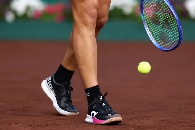 HOUSTON, TEXAS - APRIL 01: A detailed view of Ben Shelton of the United States shoes while playing against Zhizhen Zhang of China during the Singles match on Day 3 of the Fayez Sarofim & Co. U.S. Men's Clay Court Championship at River Oaks Country Club on April 01, 2026 in Houston, Texas. (Photo by Kenneth Richmond/Getty Images)