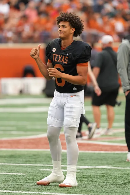 AUSTIN, TEXAS - APRIL 18: Dia Bell #6 of the Texas Longhorns looks on during the Texas Spring Football Game at Darrell K Royal-Texas Memorial Stadium on April 18, 2026 in Austin, Texas. (Photo by Scott Wachter/Getty Images for ONIT)