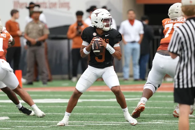 AUSTIN, TEXAS - APRIL 18: KJ Lacey Jr. #9 of the Texas Longhorns looks to pass the ball during the Texas Spring Football Game at Darrell K Royal-Texas Memorial Stadium on April 18, 2026 in Austin, Texas. (Photo by Scott Wachter/Getty Images for ONIT)