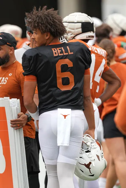 AUSTIN, TEXAS - APRIL 18: Dia Bell #6 of the Texas Longhorns looks on during the Texas Spring Football Game at Darrell K Royal-Texas Memorial Stadium on April 18, 2026 in Austin, Texas. (Photo by Scott Wachter/Getty Images for ONIT)