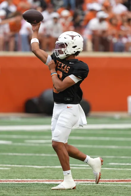 AUSTIN, TEXAS - APRIL 18: KJ Lacey Jr. #9 of the Texas Longhorns passes the ball during the Texas Spring Football Game at Darrell K Royal-Texas Memorial Stadium on April 18, 2026 in Austin, Texas. (Photo by Scott Wachter/Getty Images for ONIT)