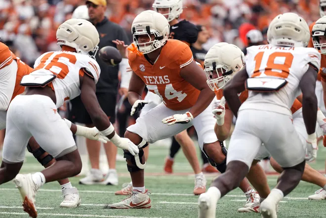 AUSTIN, TEXAS - APRIL 18: Trevor Goosby #74 of the Texas Longhorns looks to make a block during the Texas Spring Football Game at Darrell K Royal-Texas Memorial Stadium on April 18, 2026 in Austin, Texas. (Photo by Scott Wachter/Getty Images for ONIT)
