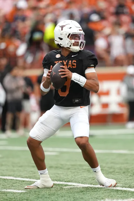 AUSTIN, TEXAS - APRIL 18: KJ Lacey Jr. #9 of the Texas Longhorns looks to pass the ball during the Texas Spring Football Game at Darrell K Royal-Texas Memorial Stadium on April 18, 2026 in Austin, Texas. (Photo by Scott Wachter/Getty Images for ONIT)