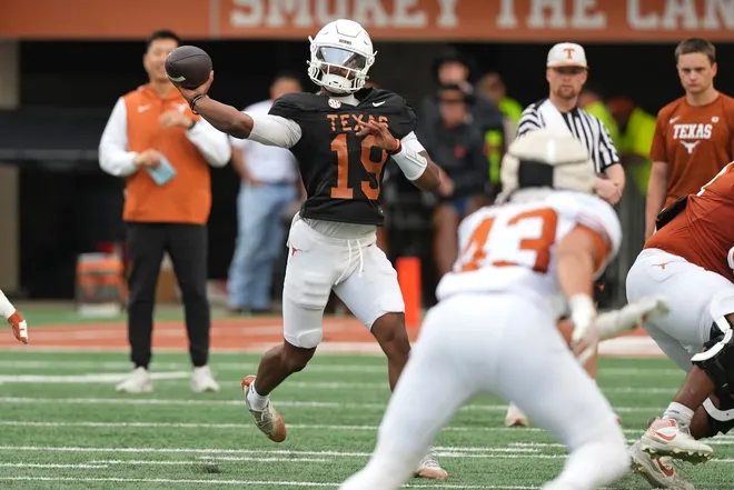 AUSTIN, TEXAS - APRIL 18: MJ Morris #19 of the Texas Longhorns throws the ball during the Texas Spring Football Game at Darrell K Royal-Texas Memorial Stadium on April 18, 2026 in Austin, Texas. (Photo by Scott Wachter/Getty Images for ONIT)