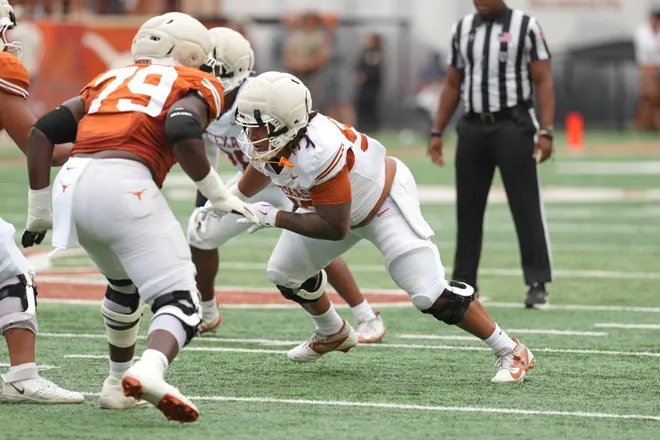 AUSTIN, TEXAS - APRIL 18: Hero Kanu #93 of the Texas Longhorns rushes the quarterback during the Texas Spring Football Game at Darrell K Royal-Texas Memorial Stadium on April 18, 2026 in Austin, Texas. (Photo by Scott Wachter/Getty Images for ONIT)