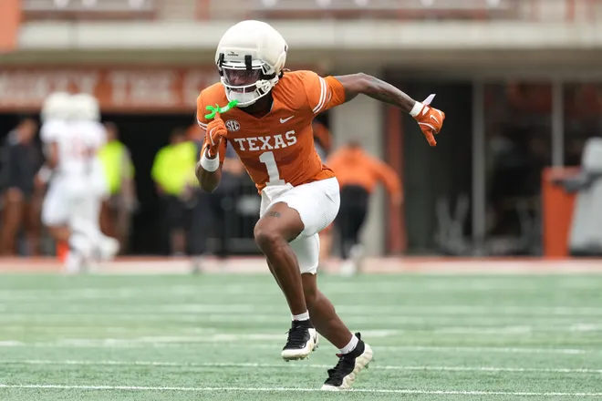 AUSTIN, TEXAS - APRIL 18: Ryan Wingo #1 of the Texas Longhorns runs a route during the Texas Spring Football Game at Darrell K Royal-Texas Memorial Stadium on April 18, 2026 in Austin, Texas. (Photo by Scott Wachter/Getty Images for ONIT)