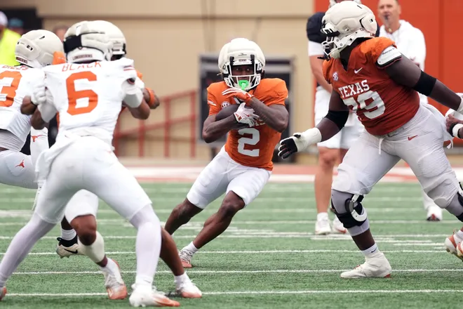 AUSTIN, TEXAS - APRIL 18: Running back Hollywood Smothers #2 of the Texas Longhorns runs for yardage during the Texas Spring Football Game at Darrell K Royal-Texas Memorial Stadium on April 18, 2026 in Austin, Texas. (Photo by Scott Wachter/Getty Images for ONIT)
