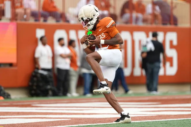 AUSTIN, TEXAS - APRIL 18: Ryan Wingo #1 of the Texas Longhorns runs in to the end zone after making a catch during the Texas Spring Football Game at Darrell K Royal-Texas Memorial Stadium on April 18, 2026 in Austin, Texas. (Photo by Scott Wachter/Getty Images for ONIT)