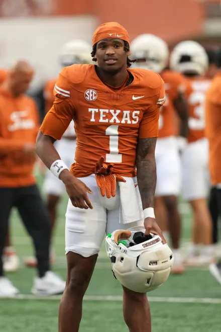 AUSTIN, TEXAS - APRIL 18: Ryan Wingo #1 of the Texas Longhorns looks on during the Texas Spring Football Game at Darrell K Royal-Texas Memorial Stadium on April 18, 2026 in Austin, Texas. (Photo by Scott Wachter/Getty Images for ONIT)