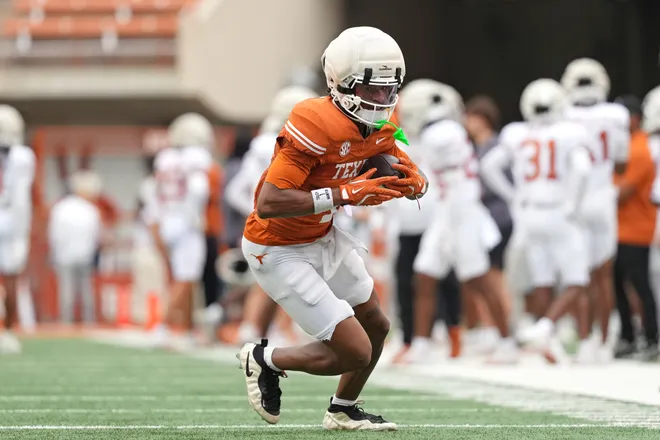 AUSTIN, TEXAS - APRIL 18: Ryan Wingo #1 of the Texas Longhorns runs for yards after making a catch during the Texas Spring Football Game at Darrell K Royal-Texas Memorial Stadium on April 18, 2026 in Austin, Texas. (Photo by Scott Wachter/Getty Images for ONIT)