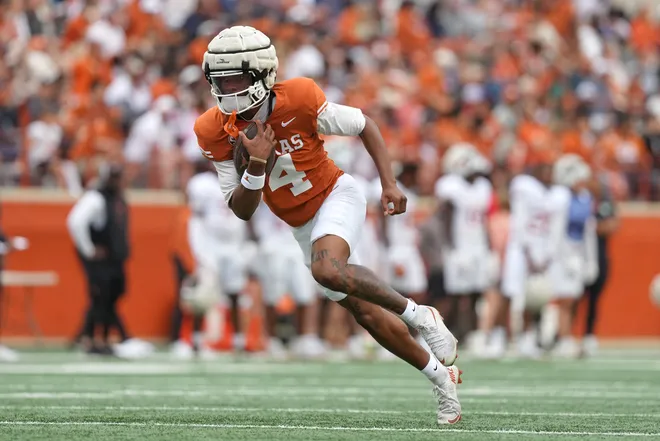AUSTIN, TEXAS - APRIL 18: Jermaine Bishop Jr. #4 of the Texas Longhorns runs for yardage after making a catch during the Texas Spring Football Game at Darrell K Royal-Texas Memorial Stadium on April 18, 2026 in Austin, Texas. (Photo by Scott Wachter/Getty Images for ONIT)