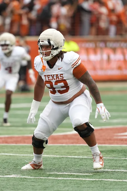 AUSTIN, TEXAS - APRIL 18: Hero Kanu #93 of the Texas Longhorns tracks the play during the Texas Spring Football Game at Darrell K Royal-Texas Memorial Stadium on April 18, 2026 in Austin, Texas. (Photo by Scott Wachter/Getty Images for ONIT)