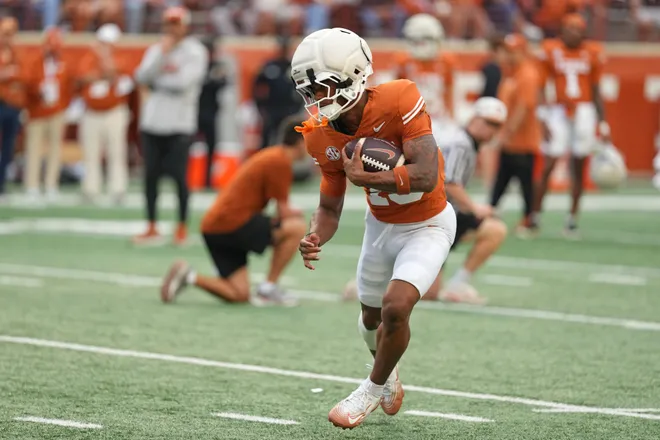 AUSTIN, TEXAS - APRIL 18: Kohen Brown #13 of the Texas Longhorns runs for yardage after catching a pass during the Texas Spring Football Game at Darrell K Royal-Texas Memorial Stadium on April 18, 2026 in Austin, Texas. (Photo by Scott Wachter/Getty Images for ONIT)