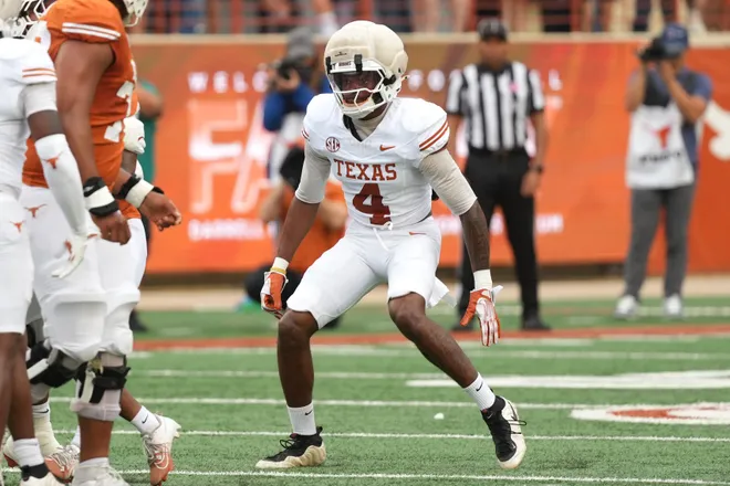 AUSTIN, TEXAS - APRIL 18: Jelani McDonald #4 of the Texas Longhorns during the Texas Spring Football Game at Darrell K Royal-Texas Memorial Stadium on April 18, 2026 in Austin, Texas. (Photo by Scott Wachter/Getty Images for ONIT)