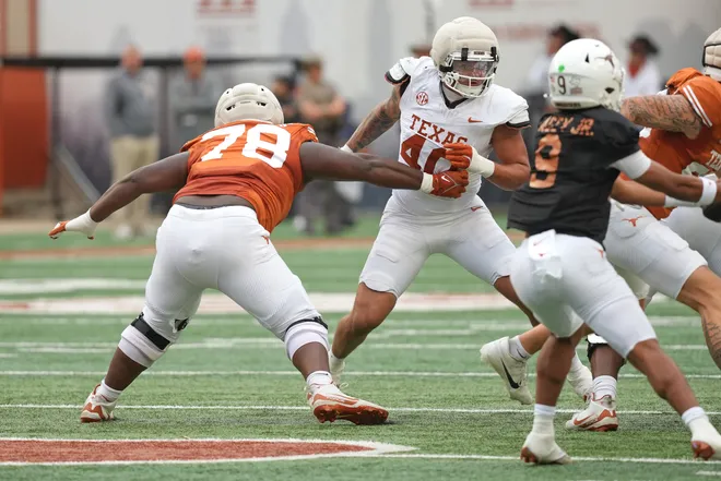 AUSTIN, TEXAS - APRIL 18: Lance Jackson #40 of the Texas Longhorns rushes the quarterback during the Texas Spring Football Game at Darrell K Royal-Texas Memorial Stadium on April 18, 2026 in Austin, Texas. (Photo by Scott Wachter/Getty Images for ONIT)