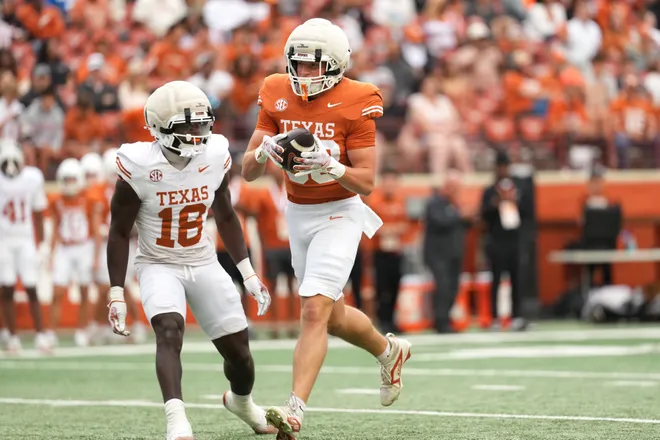 AUSTIN, TEXAS - APRIL 18: Maraad Watson #88 of the Texas Longhorns runs for yardage ahead of Kosi Okpala #18 after making a catch during the Texas Spring Football Game at Darrell K Royal-Texas Memorial Stadium on April 18, 2026 in Austin, Texas. (Photo by Scott Wachter/Getty Images for ONIT)