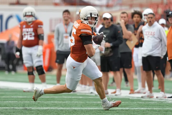 AUSTIN, TEXAS - APRIL 18: Michael Masunas #15 of the Texas Longhorns runs for yardage after making a catch during the Texas Spring Football Game at Darrell K Royal-Texas Memorial Stadium on April 18, 2026 in Austin, Texas. (Photo by Scott Wachter/Getty Images for ONIT)
