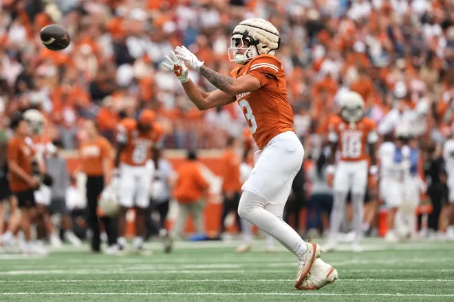 AUSTIN, TEXAS - APRIL 18: Emmett Mosley V #3 of the Texas Longhorns catches a pass during the Texas Spring Football Game at Darrell K Royal-Texas Memorial Stadium on April 18, 2026 in Austin, Texas. (Photo by Scott Wachter/Getty Images for ONIT)