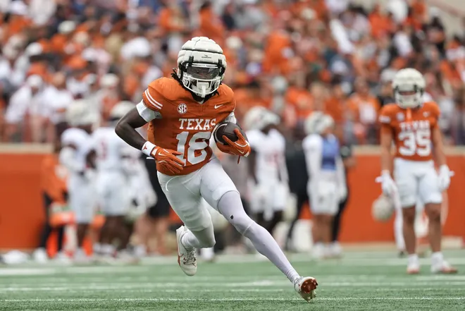 AUSTIN, TEXAS - APRIL 18: Sterling Berkhalter #18 of the Texas Longhorns runs for yardage after catching a pass during the Texas Spring Football Game at Darrell K Royal-Texas Memorial Stadium on April 18, 2026 in Austin, Texas. (Photo by Scott Wachter/Getty Images for ONIT)
