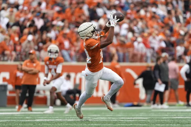 AUSTIN, TEXAS - APRIL 18: Chris Stewart #14 of the Texas Longhorns catches a pass during the Texas Spring Football Game at Darrell K Royal-Texas Memorial Stadium on April 18, 2026 in Austin, Texas. (Photo by Scott Wachter/Getty Images for ONIT)