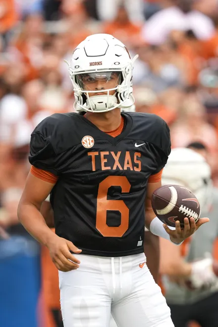 AUSTIN, TEXAS - APRIL 18: Dia Bell #6 of the Texas Longhorns looks on during the Texas Spring Football Game at Darrell K Royal-Texas Memorial Stadium on April 18, 2026 in Austin, Texas. (Photo by Scott Wachter/Getty Images for ONIT)