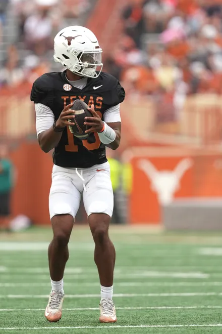 AUSTIN, TEXAS - APRIL 18: MJ Morris #19 of the Texas Longhorns looks to throw a pass during the Texas Spring Football Game at Darrell K Royal-Texas Memorial Stadium on April 18, 2026 in Austin, Texas. (Photo by Scott Wachter/Getty Images for ONIT)
