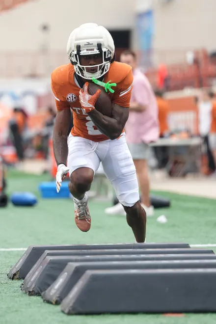 AUSTIN, TEXAS - APRIL 18: Hollywood Smothers #2 of the Texas Longhorns runs a practice drill before the Texas Spring Football Game at Darrell K Royal-Texas Memorial Stadium on April 18, 2026 in Austin, Texas. (Photo by Scott Wachter/Getty Images for ONIT)