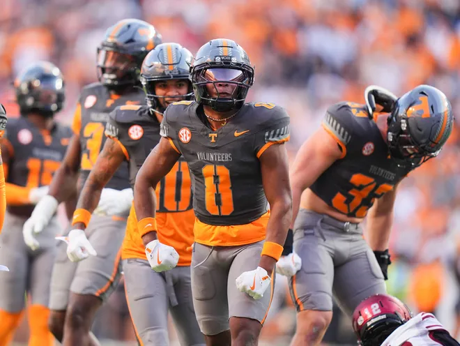 Tennessee defensive back Colton Hood (8) and the Tennessee defense celebrate after a play stopping the New Mexico State offense in an NCAA college football game on November 15, 2025, in Knoxville, Tenn.