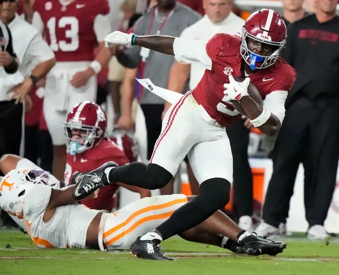 Oct 18, 2025; Tuscaloosa, Alabama, USA; Alabama Crimson Tide wide receiver Germie Bernard (5) runs with the ball in the second half against the Tennessee Volunteers at Saban Field at Bryant-Denny Stadium. Mandatory Credit: Gary Cosby-USA TODAY Network via Imagn Images
