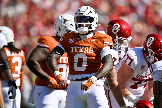 Texas Longhorns linebacker Anthony Hill Jr. celebrates during the game between the Texas Longhorns and the Oklahoma Sooners at the Cotton Bowl.