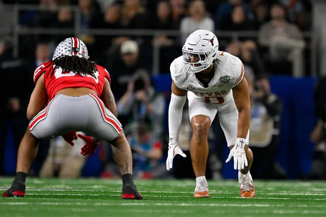 Jan 10, 2025; Arlington, TX, USA; Texas Longhorns linebacker Anthony Hill Jr. (0) in action during the game between the Texas Longhorns and the Ohio State Buckeyes at AT&T Stadium. Mandatory Credit: Jerome Miron-Imagn Images