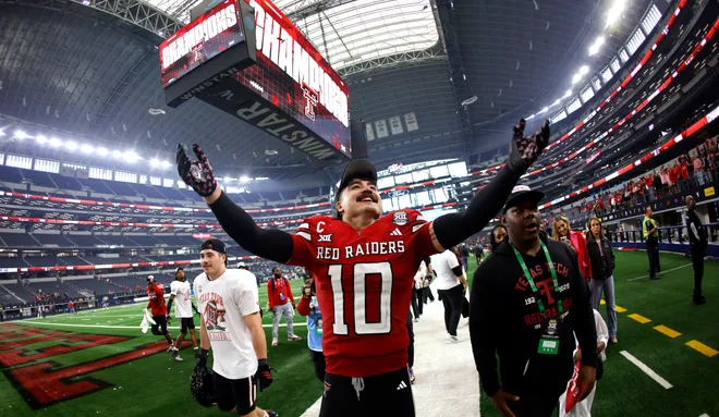 ARLINGTON, TEXAS - DECEMBER 6: Jacob Rodriguez #10 of the Texas Tech Red Raiders celebrates following the team's win over the BYU Cougars for the Big 12 Championship at AT&T Stadium on December 6, 2025 in Arlington, Texas. (Photo by Ron Jenkins/Getty Images)