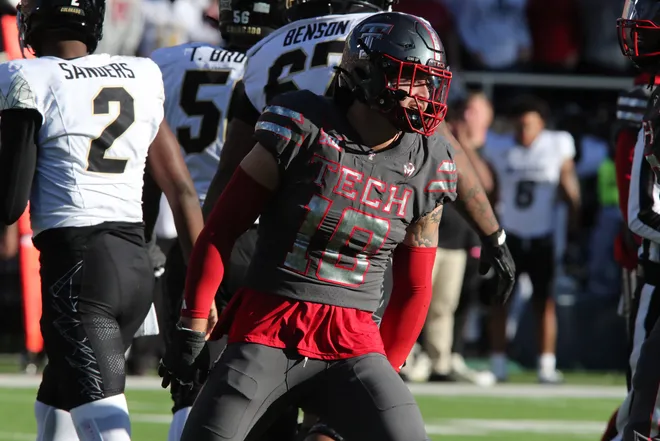 Nov 9, 2024; Lubbock, Texas, USA; Texas Tech Red Raiders defensive back Jacob Rodriguez (10) reacts in the first half after making a tackle against the Colorado Buffalos at Jones AT&T Stadium and Cody Campbell Field. Mandatory Credit: Michael C. Johnson-Imagn Images