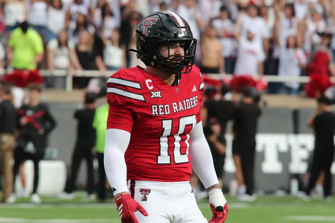 Sep 13, 2025; Lubbock, Texas, USA; Texas Tech Red Raiders defensive back Jacob Rodriguez (10) looks to the sidelines in the first half during the game against the Oregon State Beavers at Jones AT&T Stadium. Mandatory Credit: Michael C. Johnson-Imagn Images