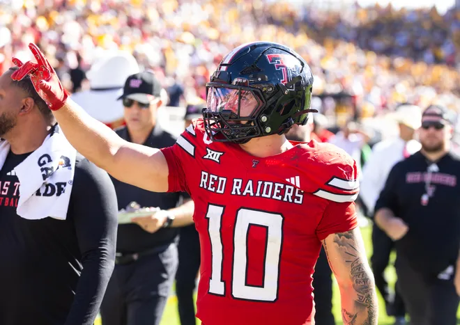 Oct 18, 2025; Tempe, Arizona, USA; Texas Tech Red Raiders linebacker Jacob Rodriguez (10) against the Arizona State Sun Devils at Mountain America Stadium. Mandatory Credit: Mark J. Rebilas-Imagn Images