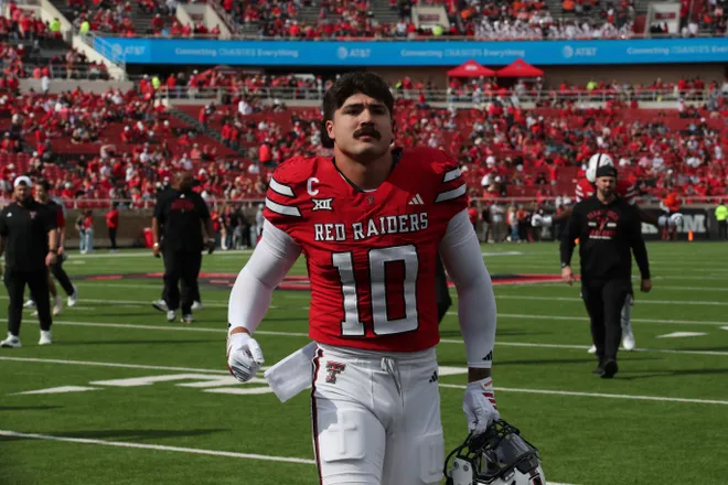 Oct 25, 2025; Lubbock, Texas, USA; Texas Tech Red Raiders defensive back Jacob Rodriguez (10) leaves the field before the game against the Oklahoma State Cowboys at Jones AT&T Stadium. Mandatory Credit: Michael C. Johnson-Imagn Images