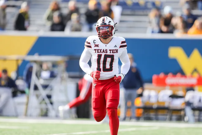 Nov 29, 2025; Morgantown, West Virginia, USA; Texas Tech Red Raiders linebacker Jacob Rodriguez (10) during warm ups prior to their game against the West Virginia Mountaineers at Milan Puskar Stadium. Mandatory Credit: Ben Queen-Imagn Images