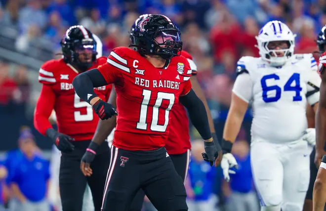 Dec 6, 2025; Arlington, TX, USA; Texas Tech Red Raiders linebacker Jacob Rodriguez (10) reacts during the first quarter against the BYU Cougars at AT&T Stadium. Mandatory Credit: Kevin Jairaj-Imagn Images